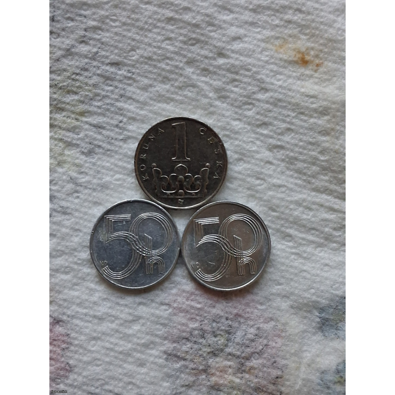 Lot of coins - 1 crown 1995 (nickel clad steel), 50 hellers 1995 and 50 hellers 2003 (both coins aluminum), Czech Republic