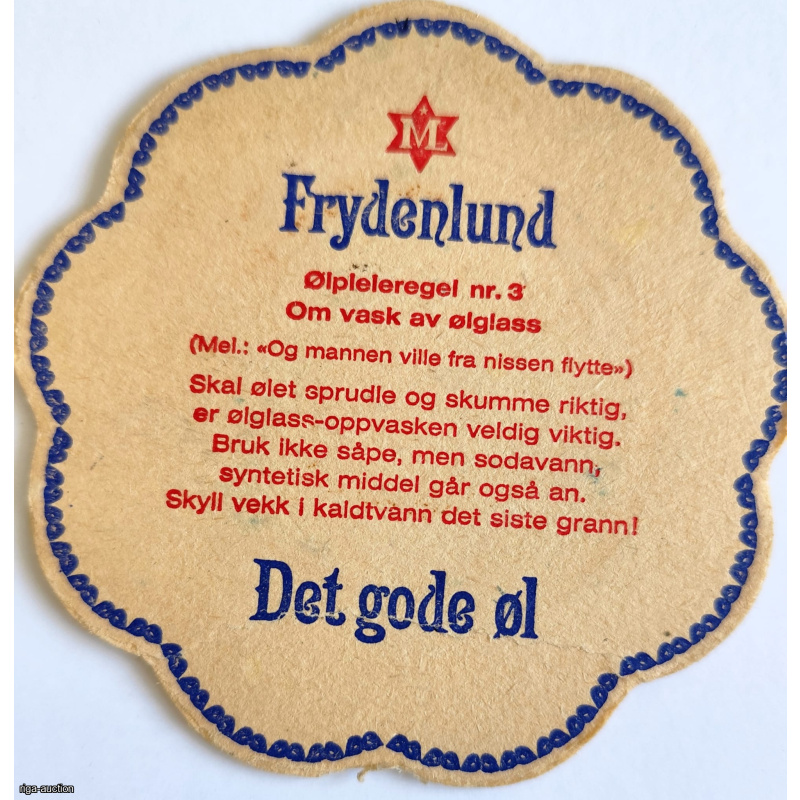 Rare Vintage Frydenlund Beer Coaster (Norway), 1950s — Rule No. 3