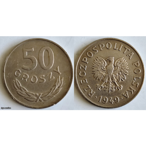 Polijas 50 grošu monēta 1949 — Vara-niķeļa sakausējums — Teicamā stāvoklī.