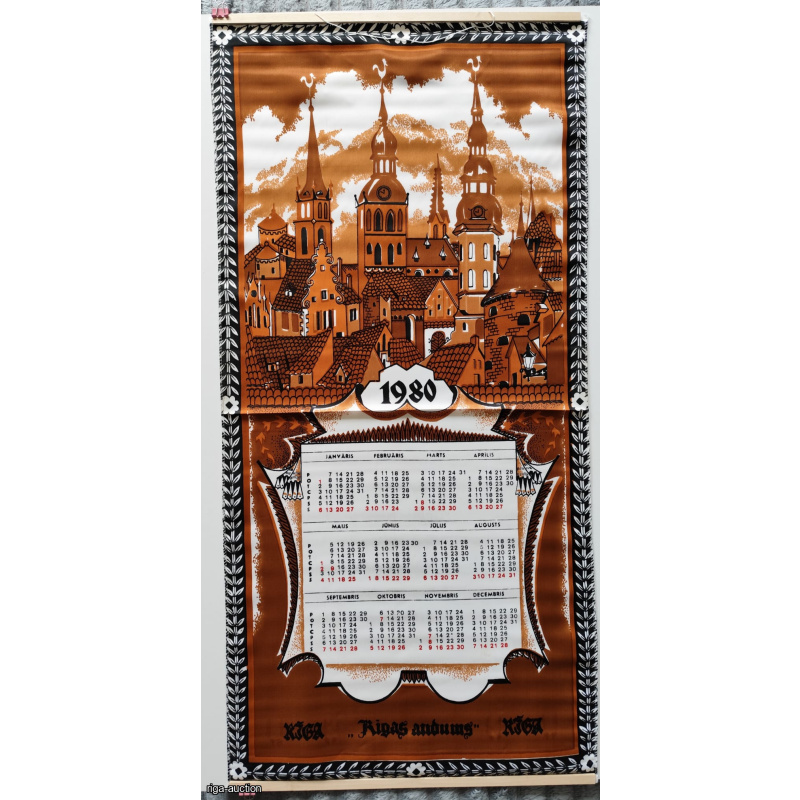 Collectible Vintage Textile Wall Calendar 1980 "Riga". Soviet Latvia, "Rīgas audums" Factory. Original Wooden Rods. Mint Condition.