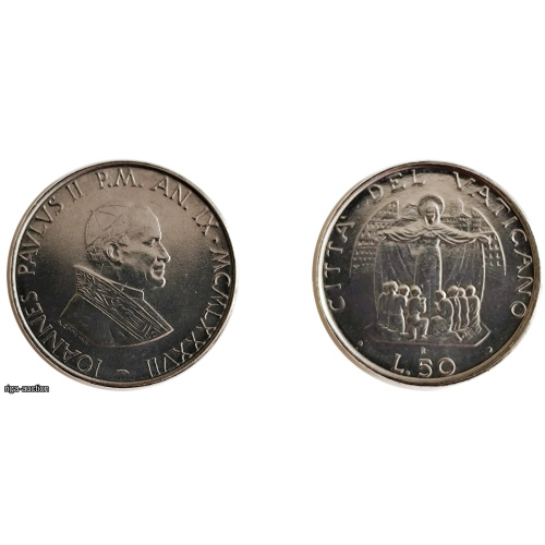 Vatikāna piemiņas monēta, 50 liras 1987 (Akmonitāls) – Jānis Pāvils II, Dievmātes Patvērums (XF+/AU)