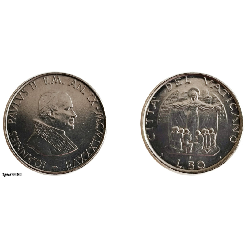 Vatican City commemorative coin, 50 Lire 1987 (Acmonital) – Pope John Paul II, Our Lady of Refuge (XF+/AU)