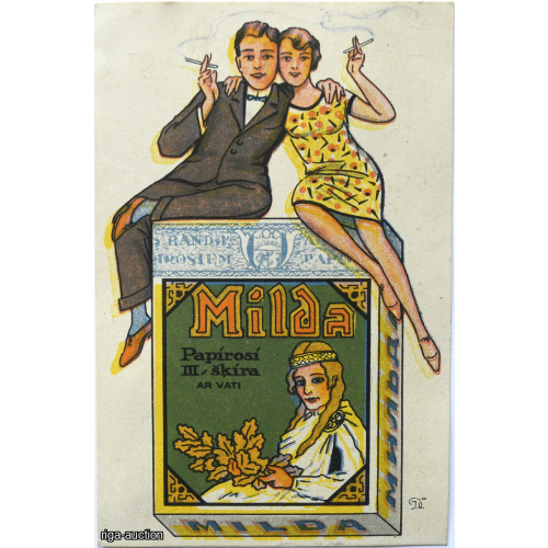 advertising postcard of "Milda" cigarettes, "Trud" factory