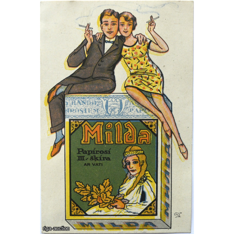 advertising postcard of "Milda" cigarettes, "Trud" factory