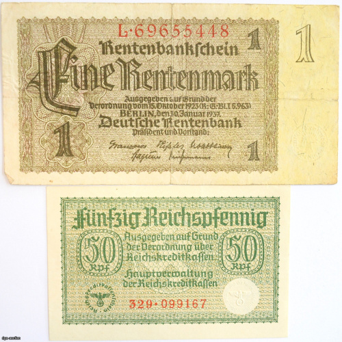1 Rentenmark 1937/50 Reichspfennig 1940-45, Vācija