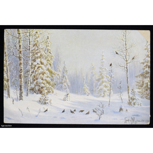 postcard "Black Grouse in the Snow", Count Muravyov, Russian Empire